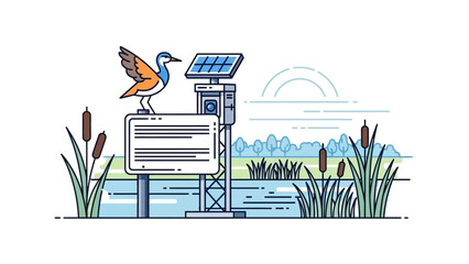 Duck Standing on Sign with Solar Panel.
