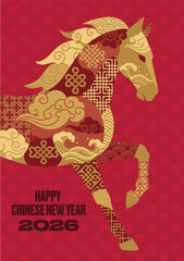 Chinese New Year 2026 Year of the Horse Illustration Red and Gold Festive Celebration Design for Greetings Cards or Posters