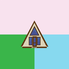 A cute triangular eco-house with a background of three colors: pink, blue, and green.