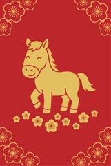 Golden Horse Silhouette with Plum Blossoms on Red Background Chinese New Year 2026 Celebration Festive Design