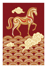 Chinese New Year 2026 Year of the Horse Festive Illustration with Clouds and Waves for Greetings and Celebration