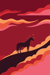 Chinese New Year 2026 Year of the Horse Illustration Horse Silhouette Against a Red Sunset Sky Festive Design for Greetings and Celebrations © Hoody Baba