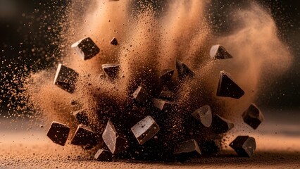 Cinematic explosion of dark chocolate chunks and cocoa powder on dark background