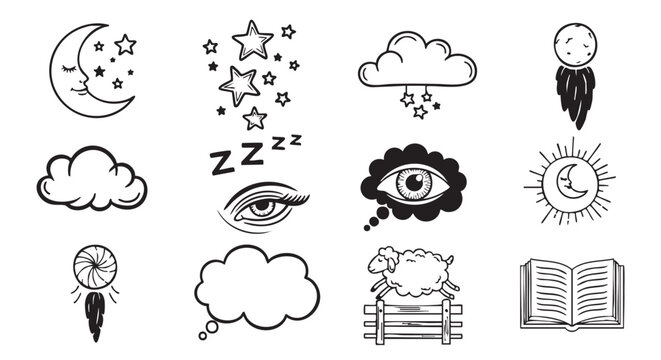 Black and White Dreamy Night Sky Doodle Set for Relaxation