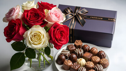Valentine&rsquo;s Day celebration scene with rose arrangement, satin ribbon box, and assorted sweet treats