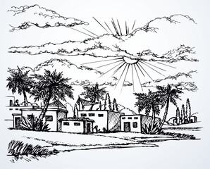 Vector drawing. Old village at river