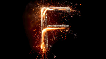 The letter 'F' is rendered in sparks against a dark backdrop, creating a visually striking contrast. Bright, fiery illustration.