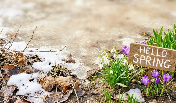 Hello spring greeting First spring flowers blooming through melting snow and ice with a wooden sign saying hello spring, concept of seasonal change and end of winter.