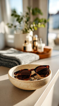 Sunlit scene of tortoise-shell sunglasses resting in a ceramic bowl, with keys inside and towels in the background on the window sill.