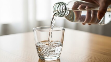 Refreshing hydration: A glass being filled with cool, clear water from a bottle on a bright wooden