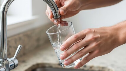 Refreshing hydration: filling a clear glass with pure water from a modern faucet for wellbeing
