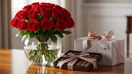 Valentine&rsquo;s Day cozy celebration setup with roses, gift boxes, and sweet treats in warm lighting