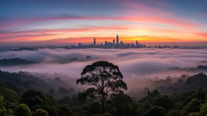 Serene sunrise over city skyline with a sea of fog and a majestic tree silhouette