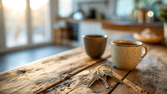 Keys and coffee cups on a rustic wooden table. The bright morning light filters in, suggesting a new beginning or a fresh start.