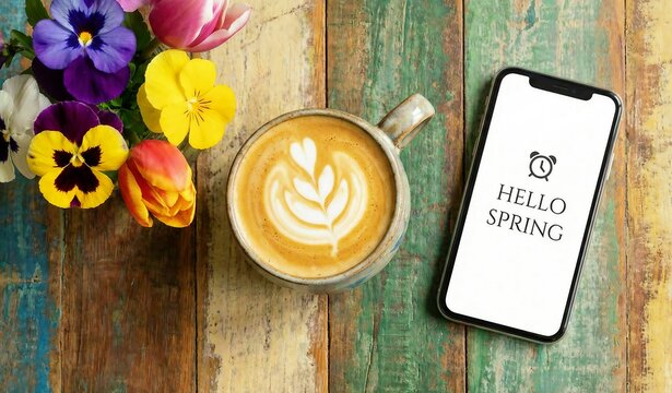 Hello spring greeting Overhead view of a cup of coffee with latte art next to a smartphone displaying hello spring and a bouquet of colorful pansies and tulips on a rustic wooden table.