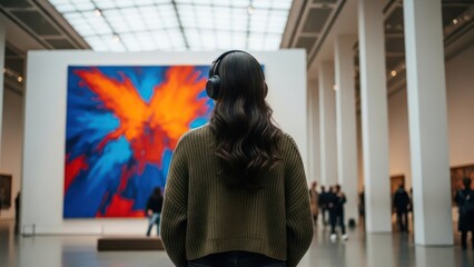 Woman immersed in art at a modern gallery with headphones creates a sense of contemplation and
