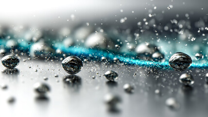 A dance of droplets! Captivating silver spheres scattered on a surface, accented by a striking teal stripe. A mesmerizing display of forms.