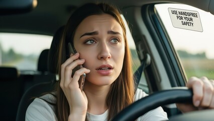 Worried young woman driving while talking on the phone demonstrates risky behavior behind the wheel