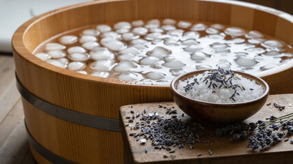 Wooden bath filled with water and lavender flowers on countertop, relax concept 