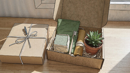 Gift box with plant, soap, and notebook on wooden table, Ethical gift box 