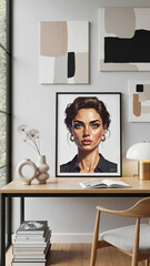 Artistic portrait of a woman with earrings in modern living room, Custom illustration gift 