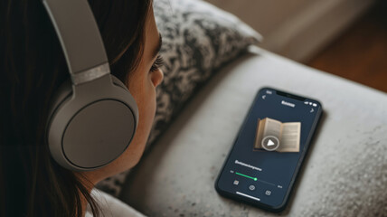 Young woman listening to audiobook or podcast on smartphone with headphones  