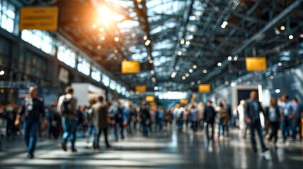 Obraz premium Blurred view of a bustling convention hall filled with crowds of people attending an event or trade show, creating a lively atmosphere.