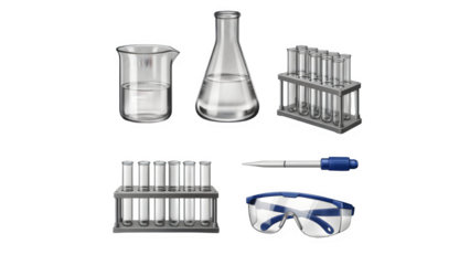 Lab Glassware Set Beaker Erlenmeyer Flask Test Tubes Rack Pipette Goggles Isolated on Transparent Background PNG

