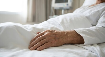 Hand of Senior Man Lying in Hospital Bed Recovering from Illness or Surgery