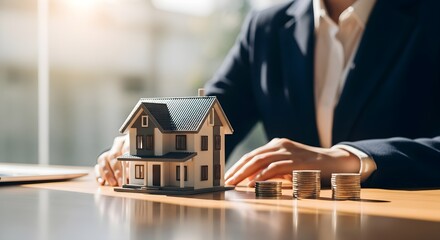 Real Estate Agent Touching A House Model and Coins on Wooden Table