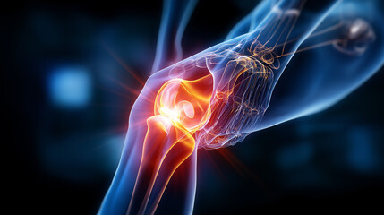 Medical scan-style X-ray displaying transparent human leg, knee joint prominently glowing in orange-red gradient, visually representing knee discomfort, orthopedic visualization, w