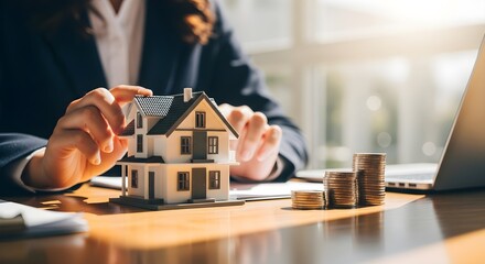 Hands Protecting Model House with Coin Stack and Laptop on the Office Desk