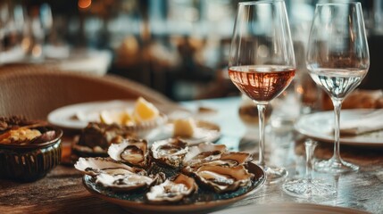 A group of friends enjoy fresh oysters and wine at a restaurant. The table is set with plates of food and glasses filled with drinks during evening dining.