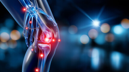 Blue 3D medical x-ray of knee and body pain, illustrating arthritis inflammation and broken tendons, red pain markers, orthopedic visualization, defocused background, with copy spa