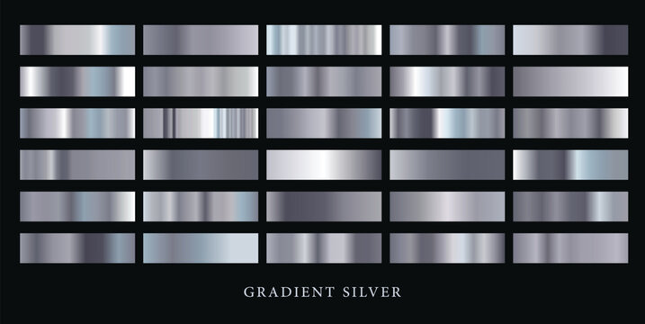Metallic Silver Gradient Swatches Collection . silver and black metallic gradients on a black background.Metallic gradient effects for the design of text and bulletin boards infographics. 