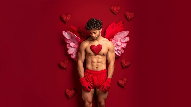 A handsome Cupid god with heart-shaped  on his body, holding wings of love against a red background &ndash; video.