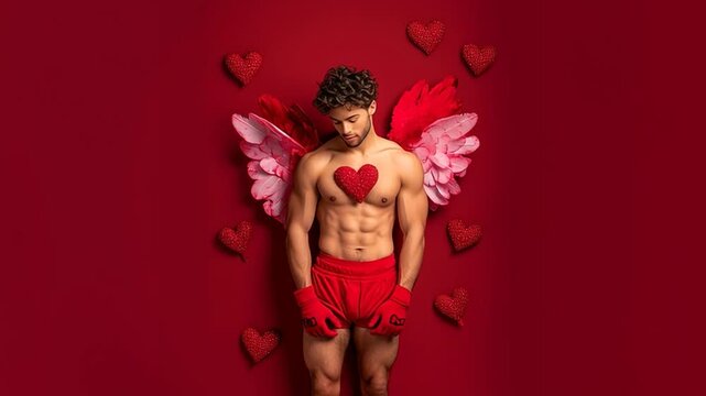 A handsome Cupid god with heart-shaped  on his body, holding wings of love against a red background &ndash; video.