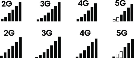 Network signal strength indicators 2g to 5g black icons on transparent background silhouette