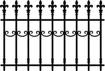 Classic wrought iron fence silhouette vector illustration, decorative vintage metal railing with fleur de lis finials, elegant architectural exterior design isolated © SreeShoyagini