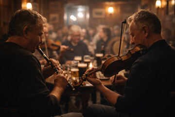 Traditional Irish music session in pub with fiddle and flute