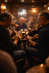 Traditional Irish music session in pub with fiddle and flute