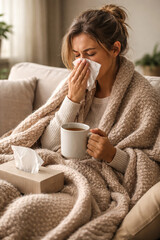 Sick woman resting at home with blanket, tissue and hot drink on sofa