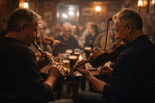 Traditional Irish music session in pub with fiddle and flute