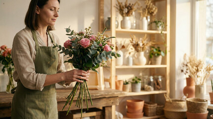 Florista montando buqu&ecirc; artesanal em est&uacute;dio com luz natural e atmosfera aconchegante