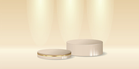 Futuristic 3D cream Podium with golden strip and Spotlights, Perfect for Technology Concept, Product Display, Mockup, Showroom Showcase, and Modern Design Scene