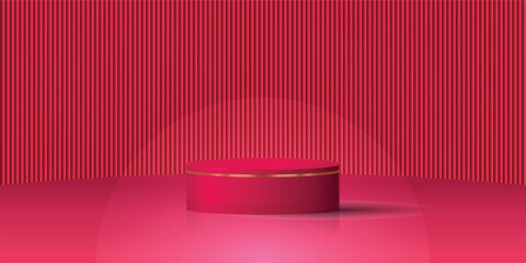 Red maroon luxury podium with golden strip on beautiful red stripped background for product display