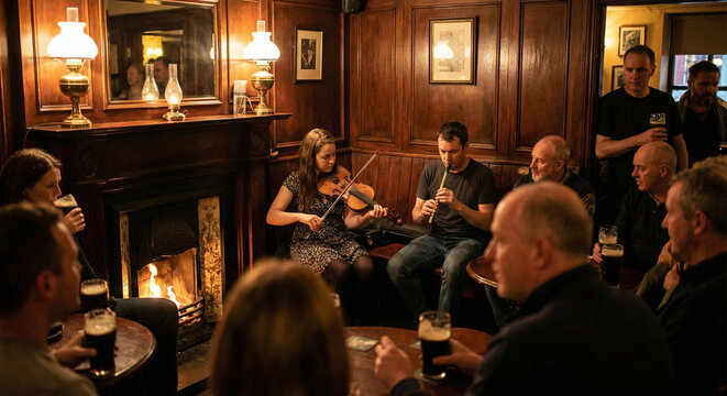 Traditional Irish music session in pub with fiddle and flute