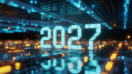 2027 Futuristic New Year Concept with Glowing Digital Numbers, Cyber Technology Background, Blue Neon Grid, Data Network Visualization, Innovation, AI, and Modern Countdown Theme