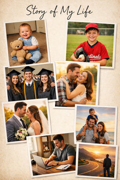 Life journey collage showing different stages from childhood to adulthood