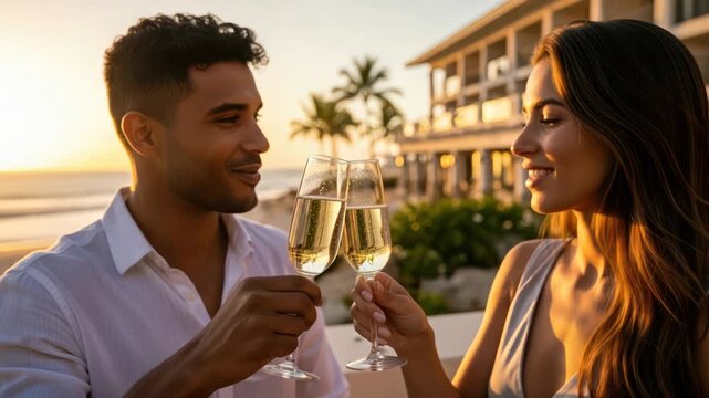 A beautiful couple celebrates with champagne at sunset on tropical vacation, creating memorable